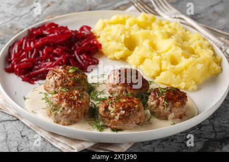 Small meatballs with creamy sauce served with mashed potatoes and beets close-up in a plate on the table. Horizontal Stock Photo