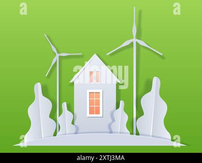 House with wind turbines renewable energy concept green background trees paper cut style Stock Vector