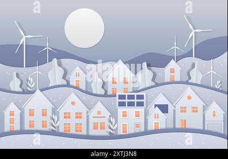 Houses with renewable energy sources wind turbines solar panels paper cut style Stock Vector