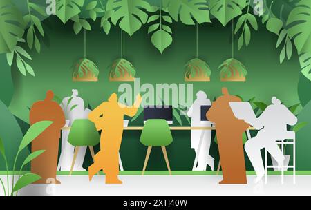 Office workspace with people working in a lush green environment with large leaves and hanging lamps silhouettes paper cut style Stock Vector