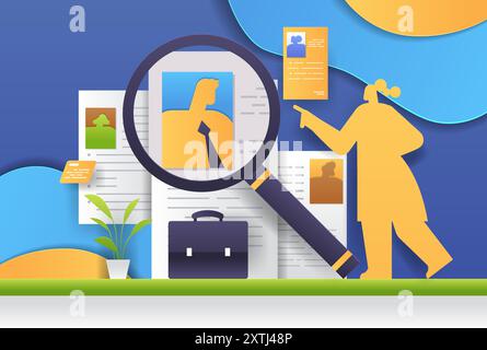 Job recruitment concept magnifying glass resumes silhouettes. Illustration shows magnifying glass over resumes with a person pointing briefcase plant Stock Vector