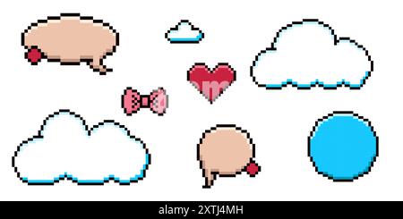 Set of pixel art dialogue box, heart, star, cloud. Speech bubbles in the mood of 90s aesthetics. Vector 8-bit retro style illustration. Stock Vector
