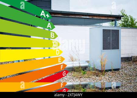 Grafik mit Energieeffizienzklassen, eine Wärmepumpe auf dem Dach eines Haus in Düsseldorf, Deutschland Düsseldorf Nordrhein-Westfalen Deutschland *** Stock Photo