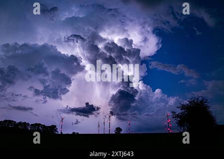 14.08.2024, GER, Unwetter / Gewitterzelle über Thüringen Impressionen der Gewitterzelle mit unzähligen Blitzen / Wetterleuchten Gemeinde Hörselberg-Hainich / W Bundesstraße / Feld / Wiese Thueringen Deutschland *** 14 08 2024, GER, thunderstorm thunderstorm cell over Thuringia Impressions of the thunderstorm cell with countless flashes of lightning weather lightning municipality Hörselberg Hainich W federal road field meadow Thuringia Germany Stock Photo