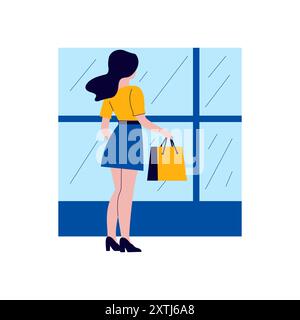 Flat Design Illustration of Beautiful Woman Holding Shopping Paper Bag in Store Stock Vector