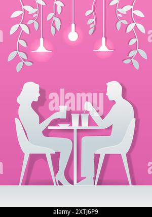Couple dining at table in cafe paper cut style silhouettes with drinks pink background hanging lights leaves Stock Vector