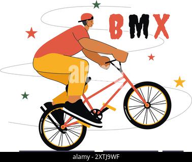 BMX Bicycle Sport Vector Illustration featuring a Man Performing Extreme Stunts, such as Jumping or Standing, in a Flat Style Cartoon Background Stock Vector