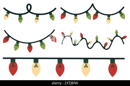 Festive Christmas lights elements set. Decorative string lights, buildable borders and frames. Hand drawn vector illustrations. Stock Vector
