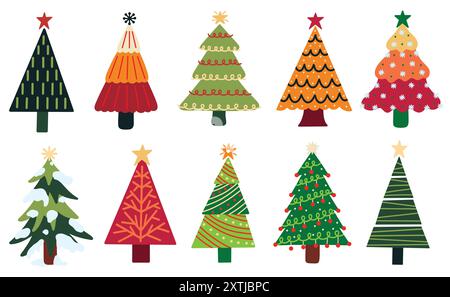 Festive Christmas trees elements set. Hand drawn vector illustrations. Stock Vector
