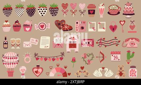 Valentine's Day elements set. Chocolate covered strawberries, heart lollipops, cupcakes, cake, chocolate, love birds, love letters and more. Stock Vector