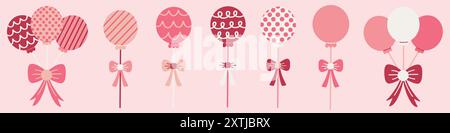 Coquette style balloons illustration set. Decorative balloons with playful patterns and charming ribbons. Hand drawn vector illustrations. Stock Vector