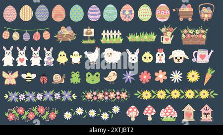 Pastel Easter garden illustration set. Easter eggs, easter bunnies, farm animals, spring flowers and more. Hand drawn vector illustrations. Stock Vector