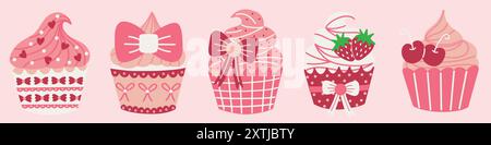 Coquette themed cupcakes illustration set. Vintage style cupcakes decorated with ribbons, cherries, and strawberries. Hand drawn vector illustrations. Stock Vector