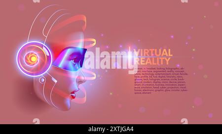 Virtual Reality conceptual poster. Woman head in VR headset looking at holographic abstract interface of virtual reality. Female face profile lit by 3 Stock Vector