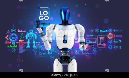 STEM education of kids in online internet school. Children study robotics, 3d printing, software development, technology. Template banner of IT school Stock Vector
