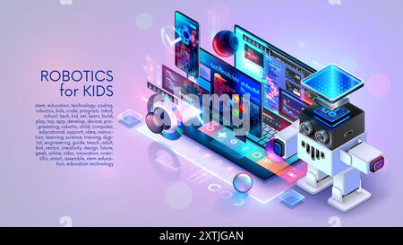 Robotics for kids banner. Kids learning to robotics, coding, AI in online IT school. Engineering courses in internet for kids. Education Kids robot de Stock Vector