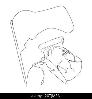 Veterans day minimalist vector banner, poster, background with American soldier outline. One continuous line drawing with lettering happy Veterans day Stock Vector