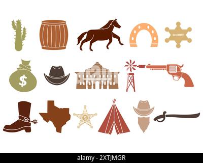 cowboy item colored pistol gun riffle teepee tent horse horseshoe animal cactus sheriff star badge cowboy hat boot bandana texas map money bag design Stock Vector