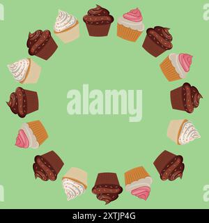 Frame of cupcakes on green background. Stock Vector