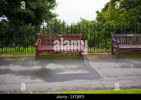 Benches at the seaside have now become memorials to the departed Stock Photo