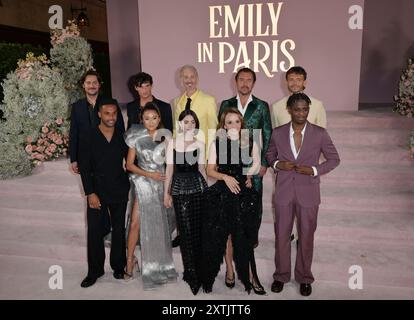 LOS ANGELES, CALIFORNIA - AUGUST 14: (L-R) Lucas Bravo, Lucien Laviscount, Paul Forman, Ashley Park, Bruno Gouery, Lily Collins, William Abadie, Phili Stock Photo