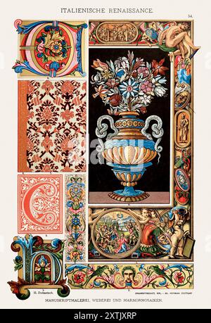 Italian Renaissance Ornamentation. An illustration from a German book published in 1887 that showcases elegant ornaments from all art periods. Stock Photo