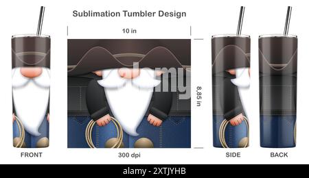 Funny Cowboy Gnome cartoon character. Seamless sublimation template for 20 oz skinny tumbler. Sublimation illustration. Stock Photo