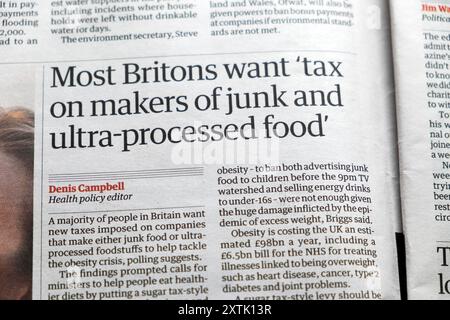 'Most Britons want 'tax on makers of junk and ultra-processed food' Guardian newspaper headline health article 14 August 2024 London UK Great Britain Stock Photo