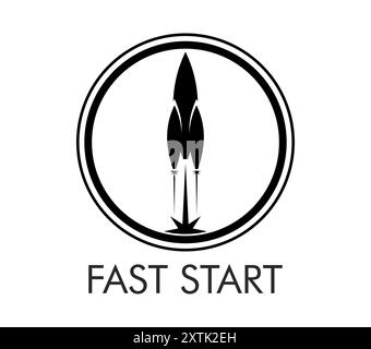 Spaceship icon with space rocket start launch for business and technology, vector emblem. Spaceship on fast start icon for start up project or creative idea and futuristic science innovation sign Stock Vector