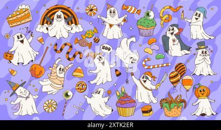 Cartoon retro 70s 80s groovy Halloween ghost characters and holiday scary sweets. Vector cute ghost personages wearing trick or treat monster costumes with Halloween pumpkins, witch hats and balloons Stock Vector