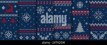 Blue Christmas knit patterns, sweater texture. Vector seamless knitted backgrounds with xmas or new year winter scandinavian ornaments. Holiday festive crochet in traditional red, white or blue colors Stock Vector