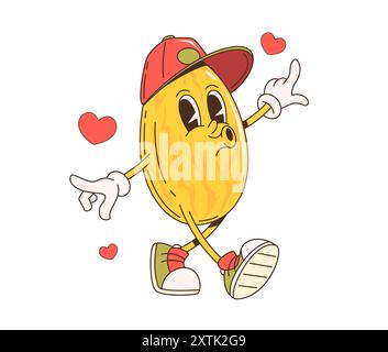 Retro cartoon groovy melon fruit character. Isolated cute vector hippie anthropomorphic food personage carefree walking with a cap, sneakers, and hearts, likely indicating affection or a loving mood Stock Vector