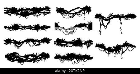 Jungle tropical forest liana vines silhouettes. Isolated vector rainforest tree branches, climbing plant and creeper lianas with leaves. Horizontal vines silhouettes, floral border lines and dividers Stock Vector