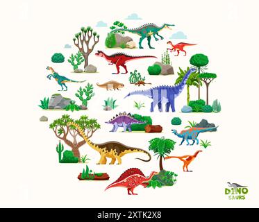 Cartoon prehistoric dinosaurs characters and Jurassic dino lizards, vector poster. Kids paleontology collection of prehistoric dinosaurs, giant lizards or reptiles in jungle forest of Jurassic era Stock Vector