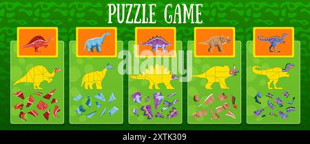 Kids puzzle game with pieces of dinosaurs. Vector cards with dino species matched with their scattered jigsaw pieces. Centrosaurus, indricorherium or alectrosaurus, dravidosaurus and ouranosaurus Stock Vector