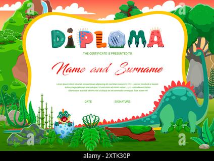 Kids diploma with funny dino kid and his mother dinosaur. Colorful vector certificate template with prehistoric baby dinosaur hatching from an egg at green landscape with trees, plants and waterfall Stock Vector