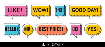 Memphis speech bubbles and chat message clouds with text, vector thin line art. Message bubble frames in Memphis style for Wow, Good Day and Hello, sale best price and Ok with Yes and No expressions Stock Vector