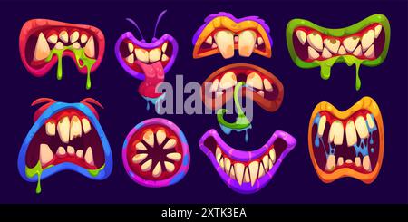 Halloween monster mouth with drool jaws and saliva tongue. Cartoon vector spooky lips and maws in vibrant red, blue, green or purple colors. Playful, fun and eerie alien, zombie or monster mouths Stock Vector