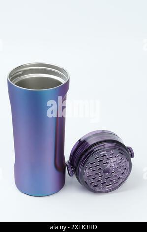 Open blue shaker bottle isolated on white studio background Stock Photo