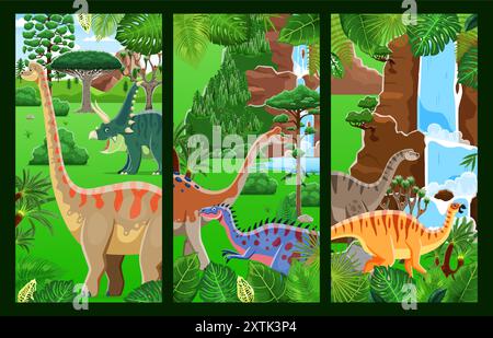 Prehistoric forest landscape, cartoon dinosaurs. Vector vibrant vertical panels depicting dino species in a lush jungle forest, bursting with life, lush tropical plants, waterfalls and ancient trees Stock Vector