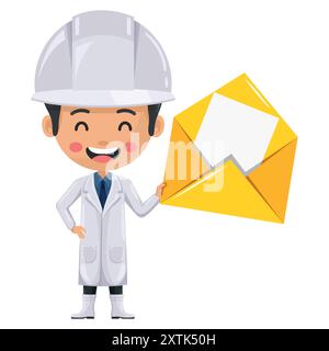 Quality control supervisor with open letter envelope for email. Food industry engineer. Concept of notification and contact. Chief food safety enginee Stock Vector