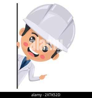 Quality control supervisor peeking out from behind a wall pointing finger. Express an idea and indicate with the index finger. Food industry engineer. Stock Vector