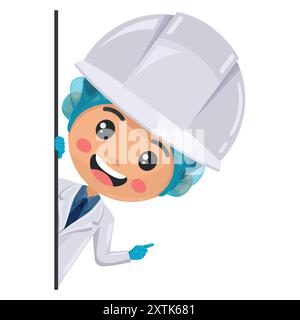 Quality control supervisor peeking out from behind a wall pointing finger. Express an idea and indicate with the index finger. Food industry engineer. Stock Vector