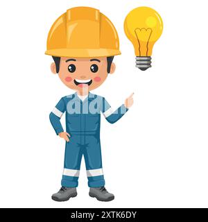 Industrial mechanic worker with a light bulb. Creative concept for the generation of ideas. Engineer with his personal protective equipment. Industria Stock Vector