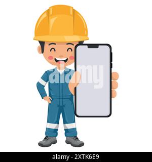 Industrial mechanic worker with his personal protective equipment with mobile phone. Concept of communication, notification and contact. Industrial sa Stock Vector