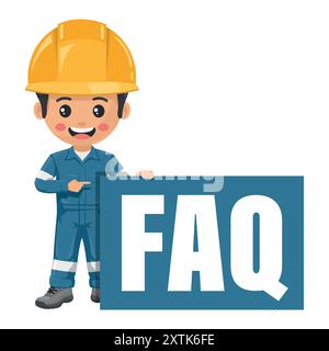 Industrial mechanic worker withwith giant FAQ letters. Frequently asked questions. Engineer with his coverall and personal protective equipment. Indus Stock Vector