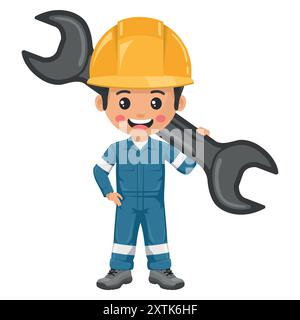 Industrial mechanic worker with mechanic's wrench. Engineer with his coverall. Concept of repair, preventive maintenance and technical support. Indust Stock Vector
