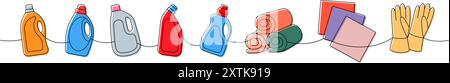 Cleaning set one line colored continuous drawing. Toilet cleaners, towels, rags, gloves continuous one line illustration. Vector linear illustration. Stock Vector