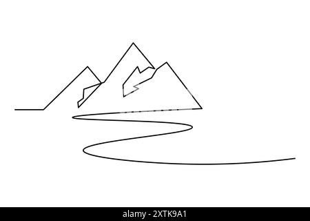single continuous line drawing of mountain landscape with cabin and ...