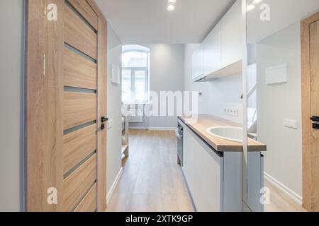 Scandinavian Style Tiny Modern Open Bright Minimalism Kitchen Home Interior. Oven, Faucet, and Furniture in Background. Dark Brown Flooring. Flower. W Stock Photo